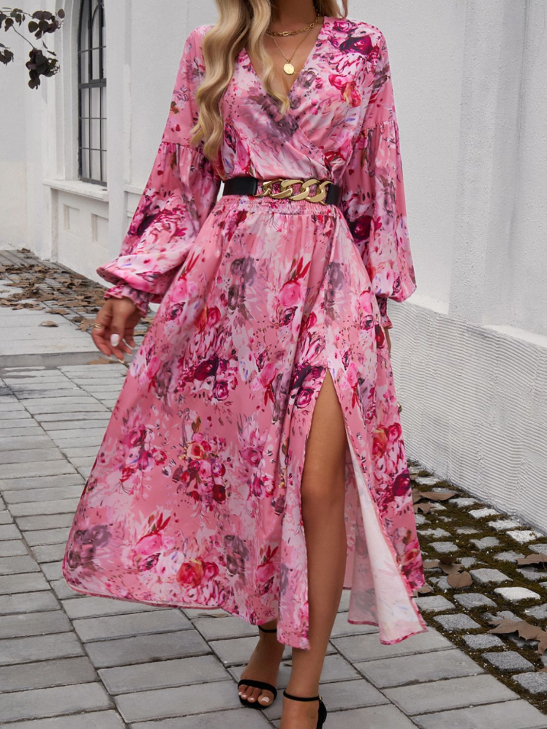 Split Printed Surplice Long Sleeve Floral Midi Dress