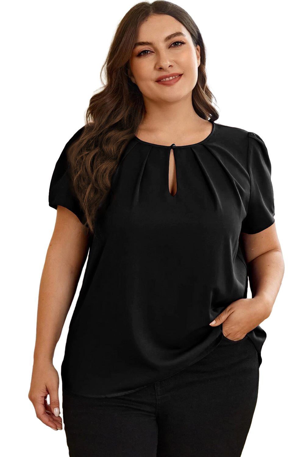 Black Keyhole Crew Neck Pleated Plus Size Top