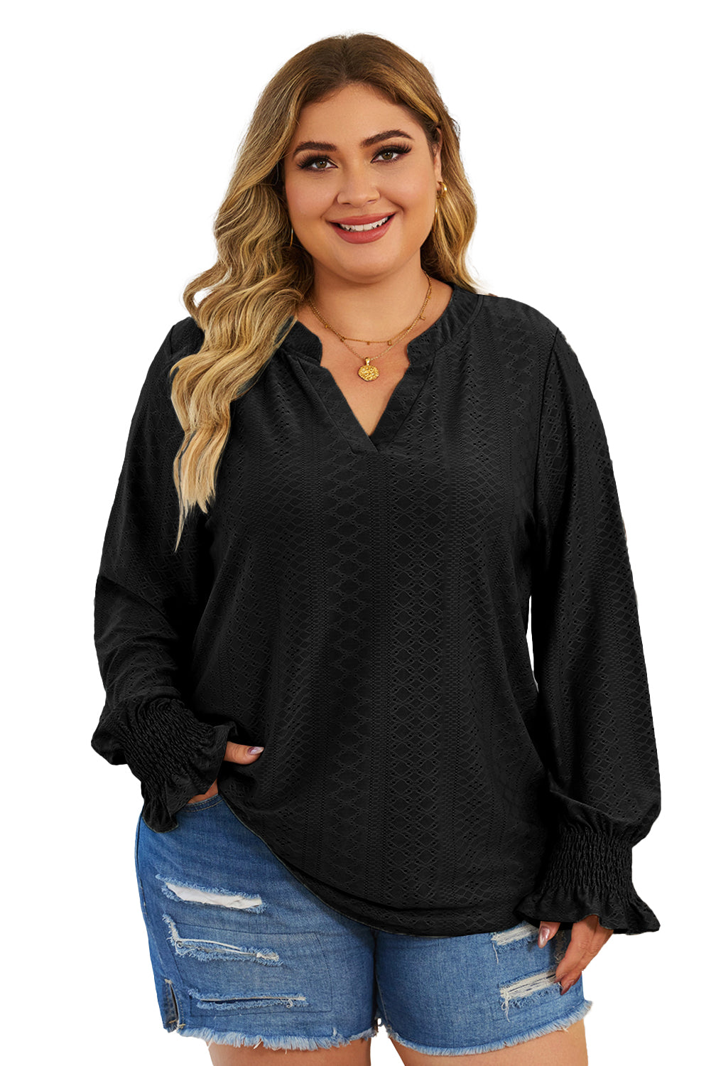 Black Eyelet Jacquard Split Neck Flounce Sleeve Plus Size Blouse