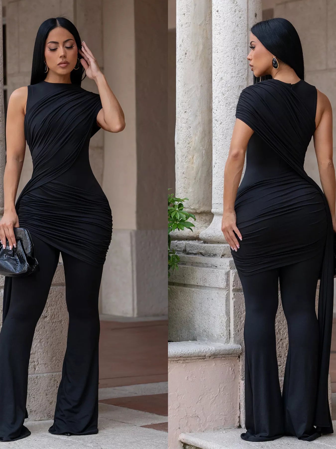 Ruched One-Shoulder Flare Leg Jumpsuit  Shop One Place