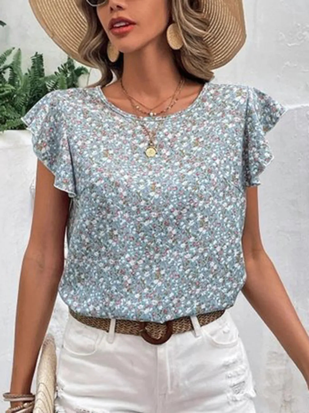 Ditsy Floral Round Neck Cap Sleeve Top  Shop One Place
