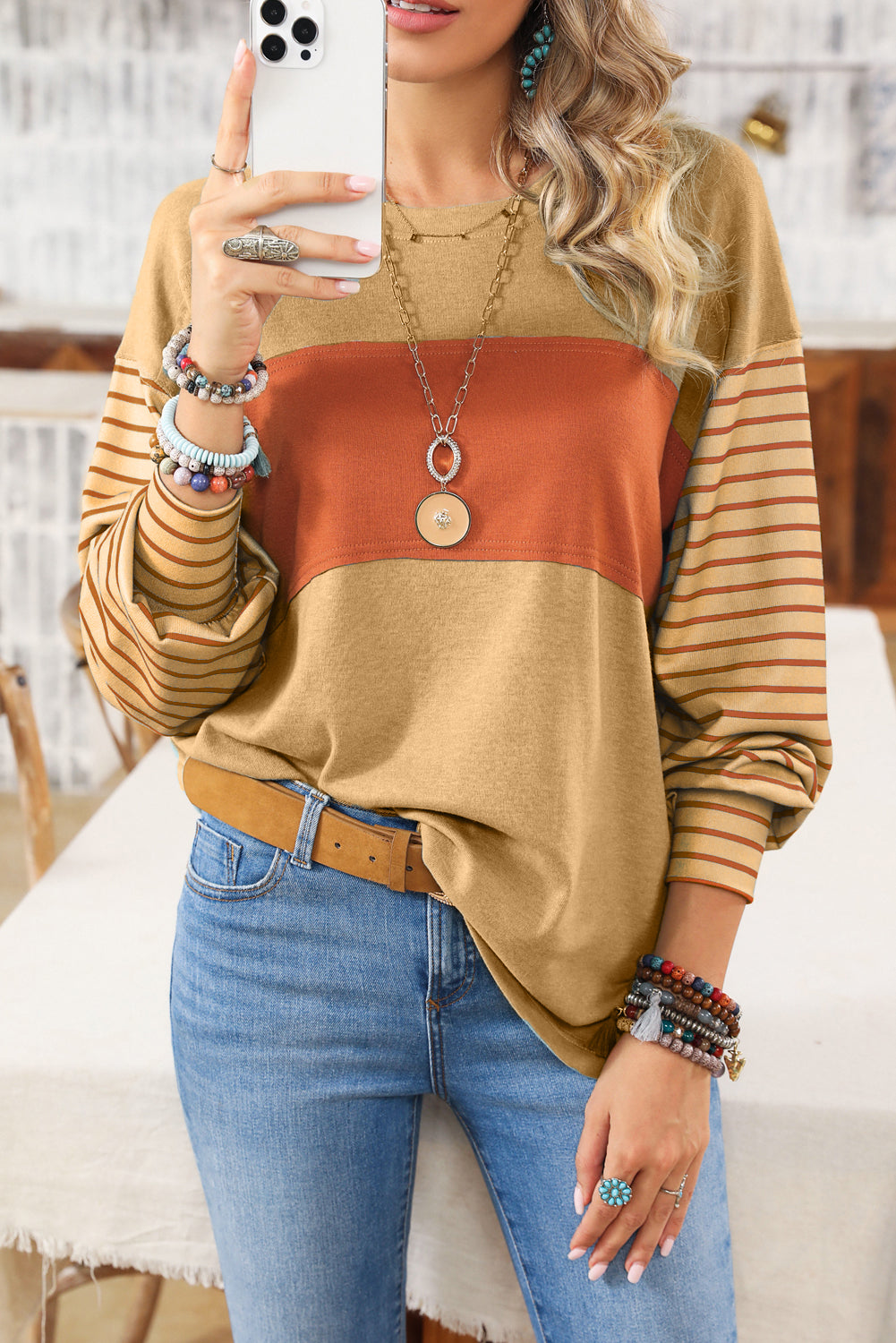 Colorblock Striped Bishop Sleeve Top