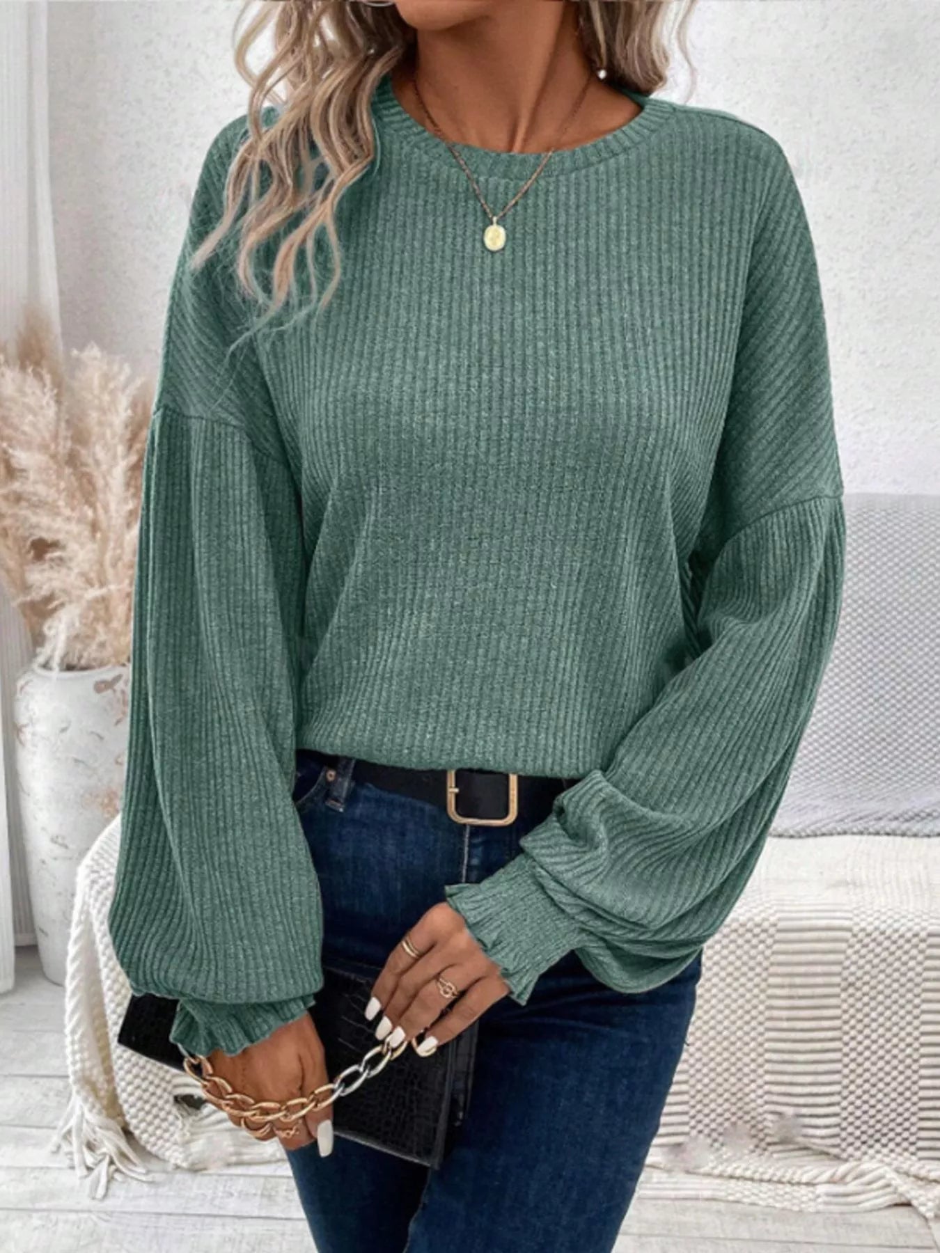 Ribbed Knit Long Sleeve T-Shirt  Shop One Place