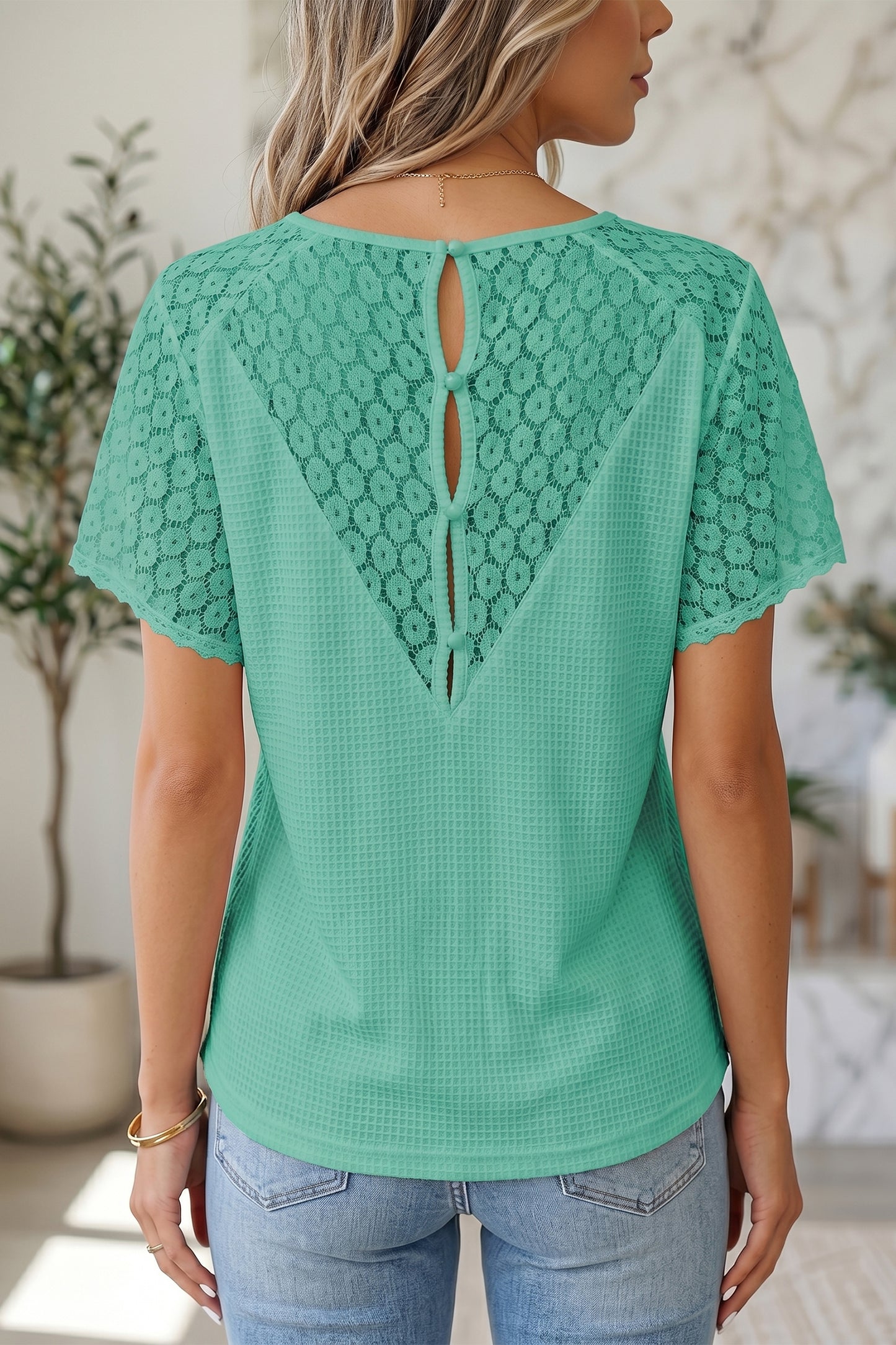 Pink Lace Splicing Button Cutout V Neck Waffle Knit Blouse  Shop One Place