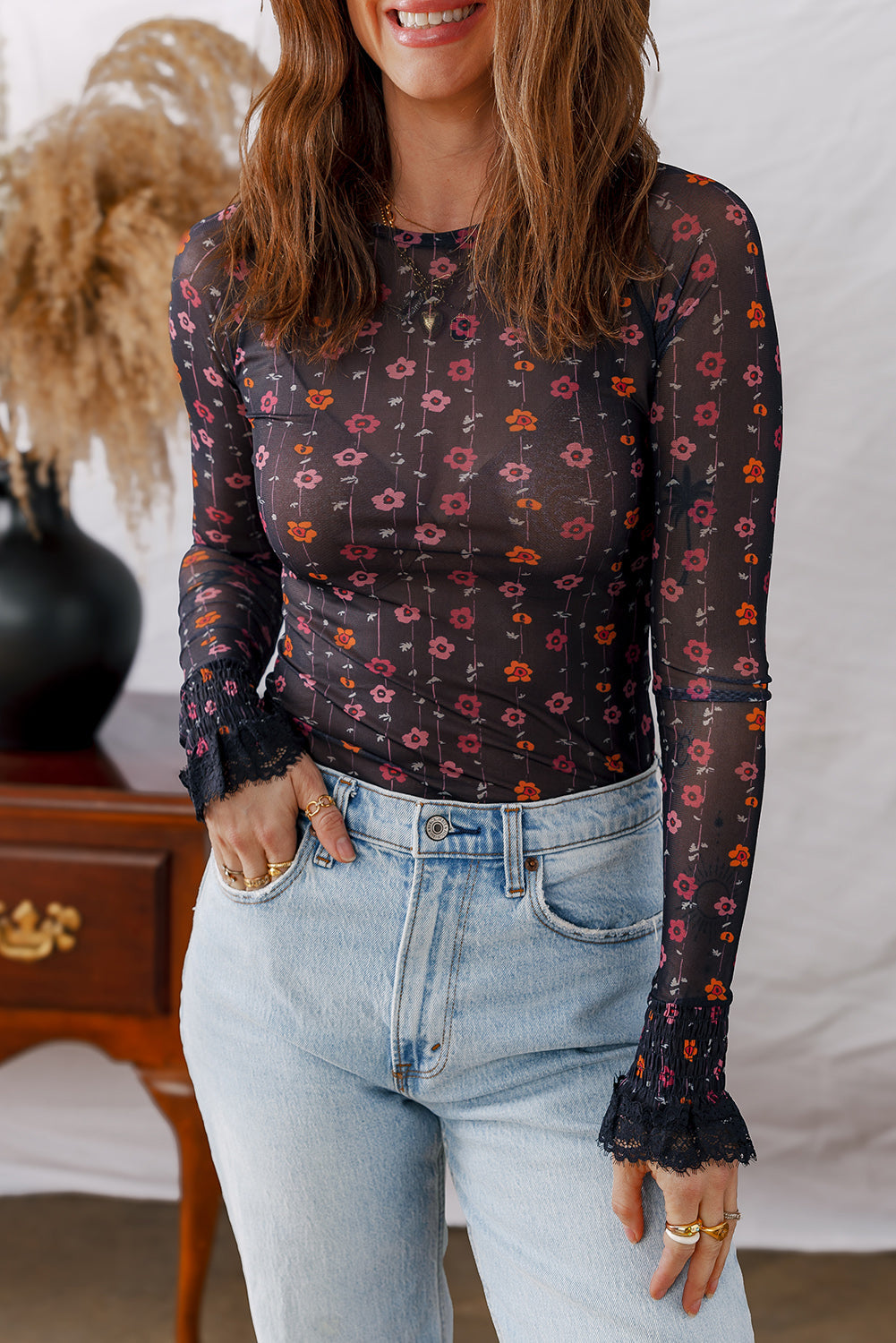 Black Floral Print Smocked Cuff Slim Fit Mesh Bodysuit  Shop One Place