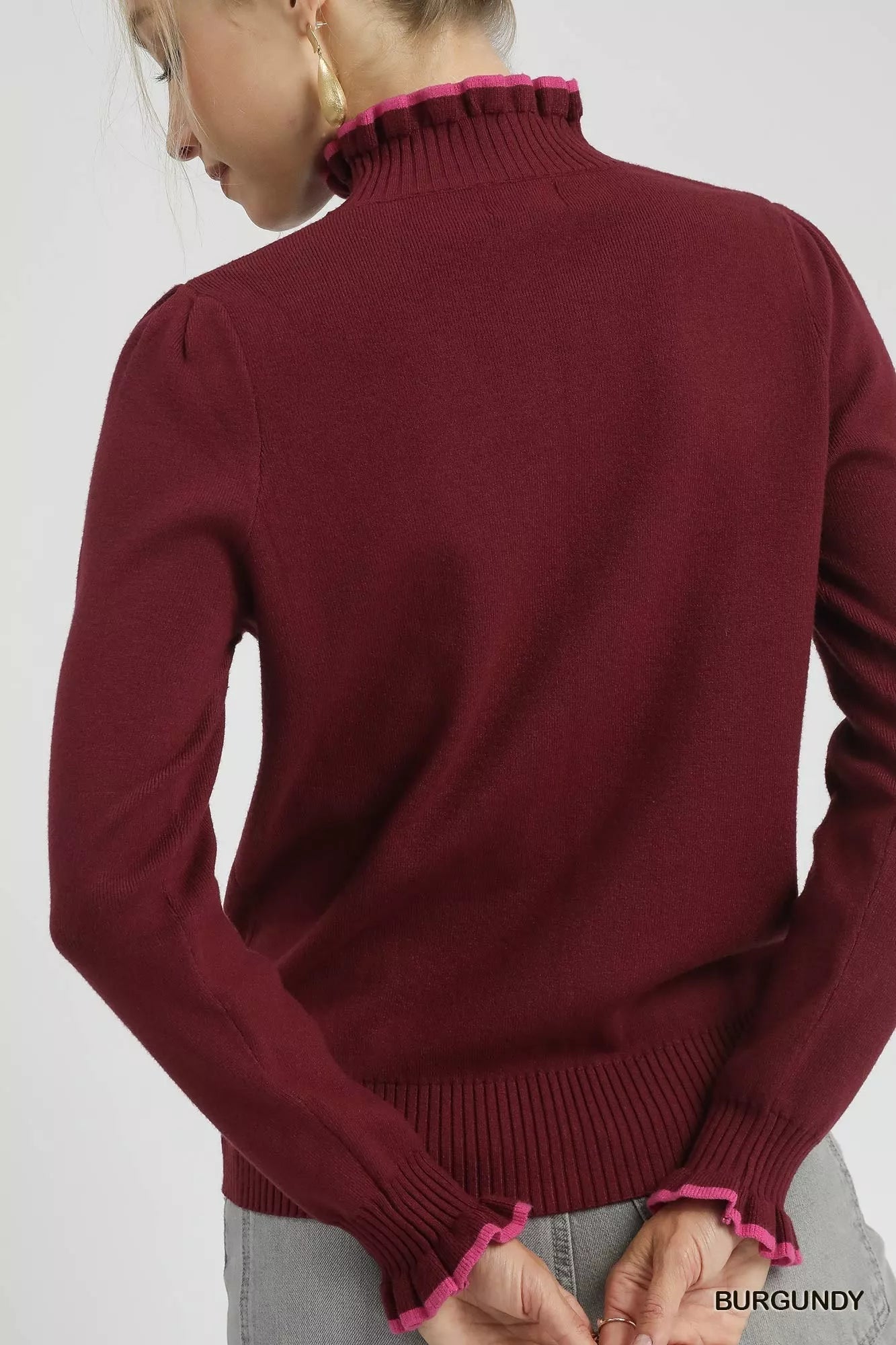 Umgee Ribbed Round Neck Sweater with Ruffle Contrast Trim  Shop One Place
