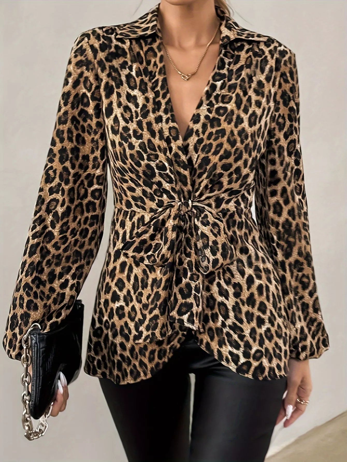 Leopard Print Tie Front Long Sleeve Blouse  Shop One Place