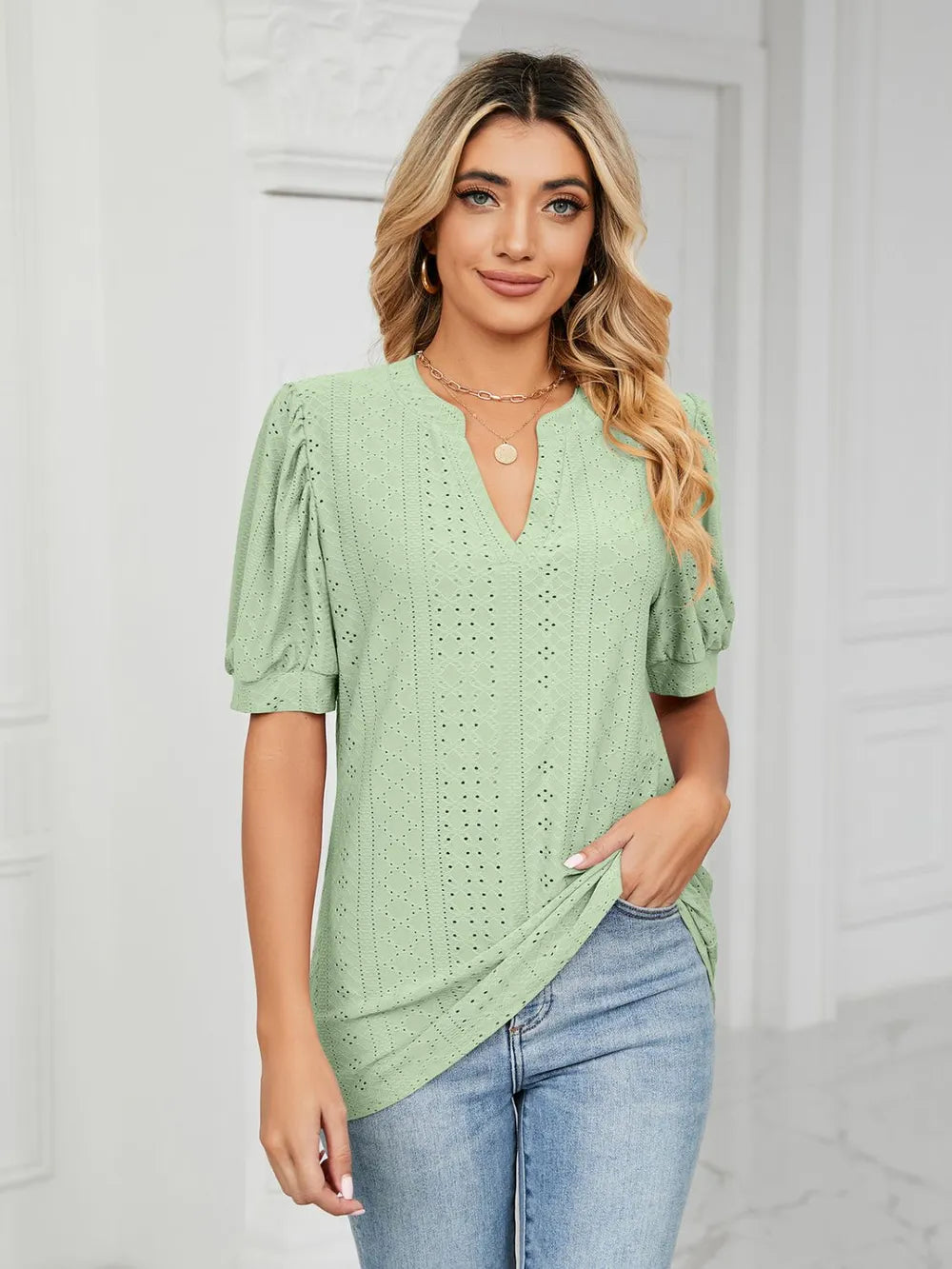 Florira Eyelet Notched Short Sleeve T-Shirt  Shop One Place