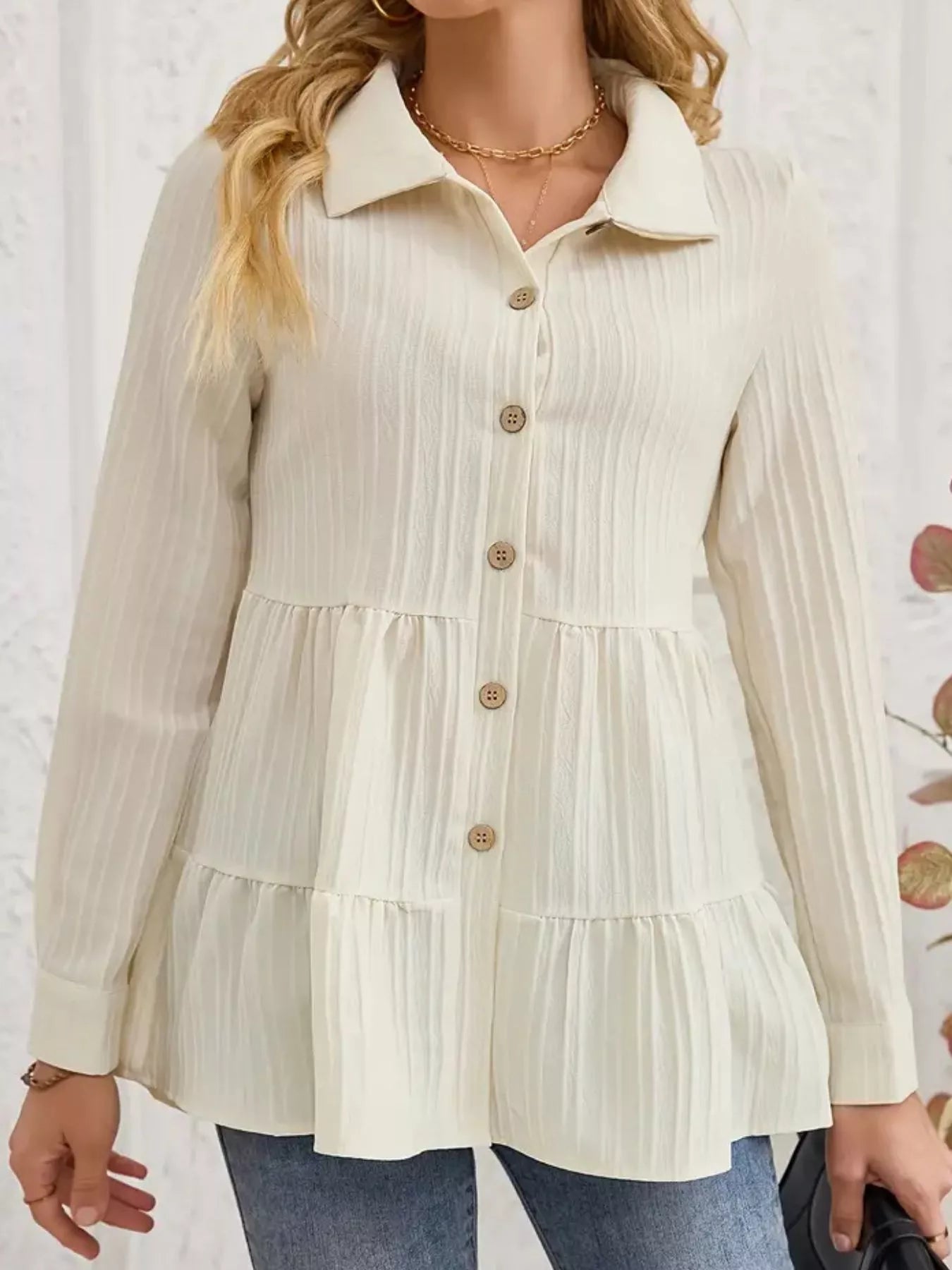 Button-Down Long Sleeve Tiered Shirt  Shop One Place