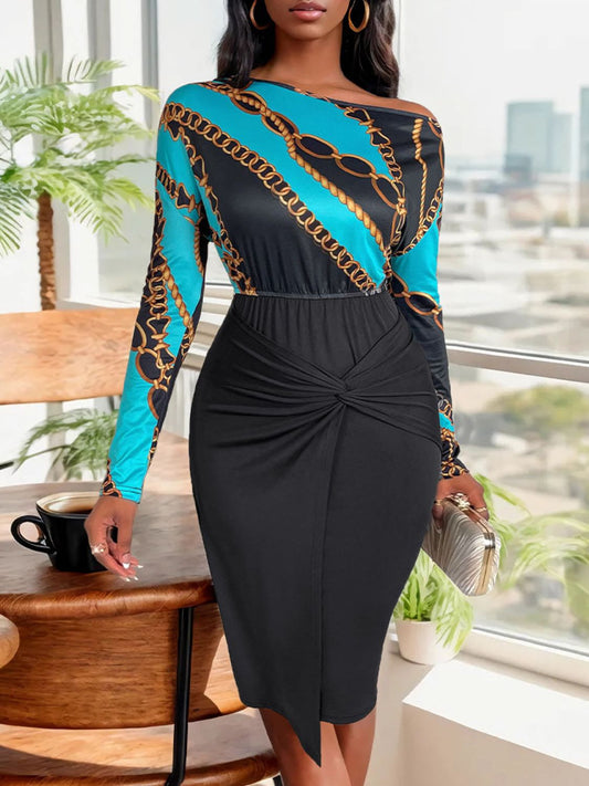 Perfee Twisted Printed Long Sleeve Dress