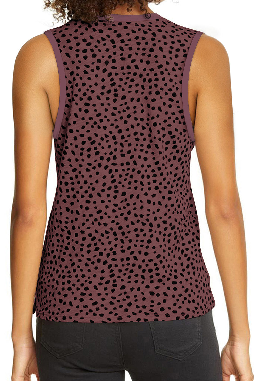 Red Leopard Trimmed Casual Round Neck Tank Top