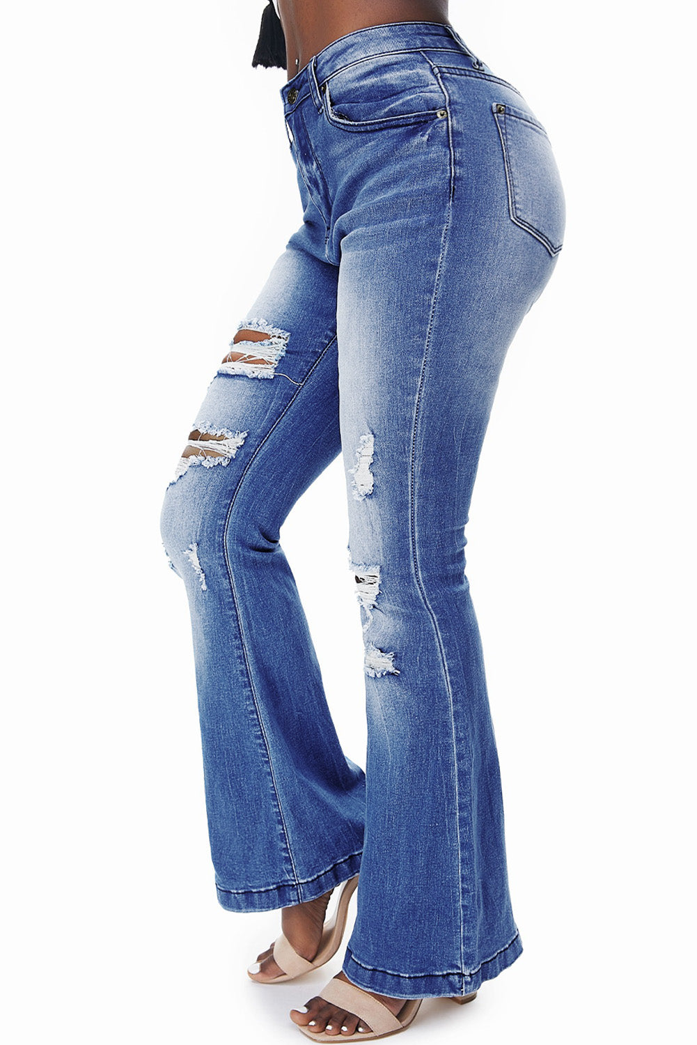 Blue Distressed High Waist Flare Jeans