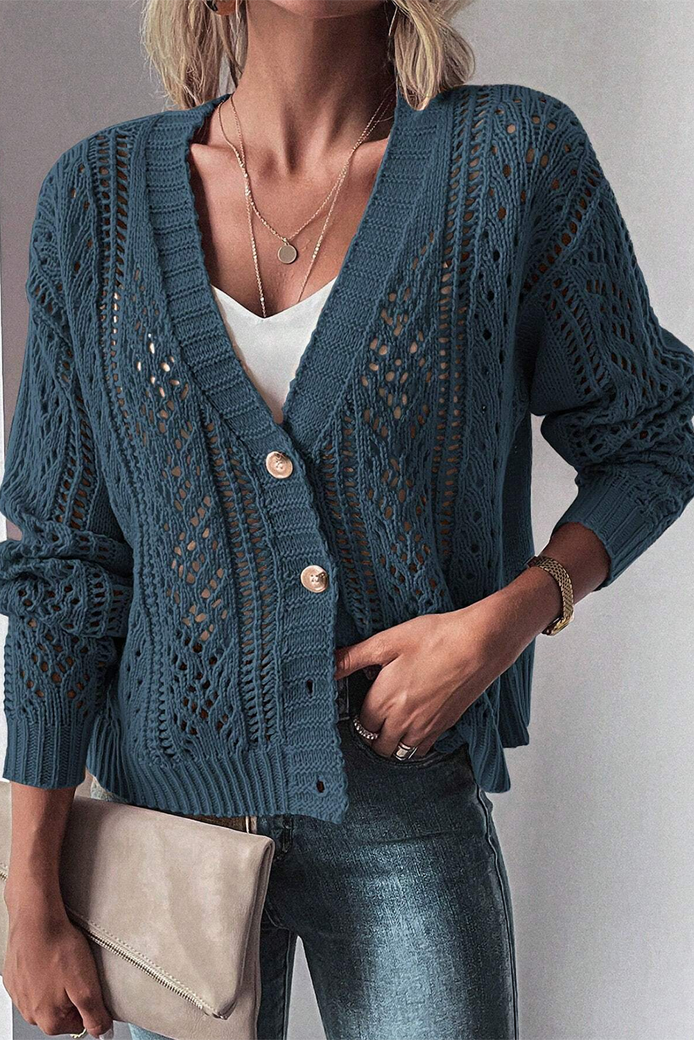 Dark Khaki Hollow Knit Drop Shoulder Cardigan  Shop One Place