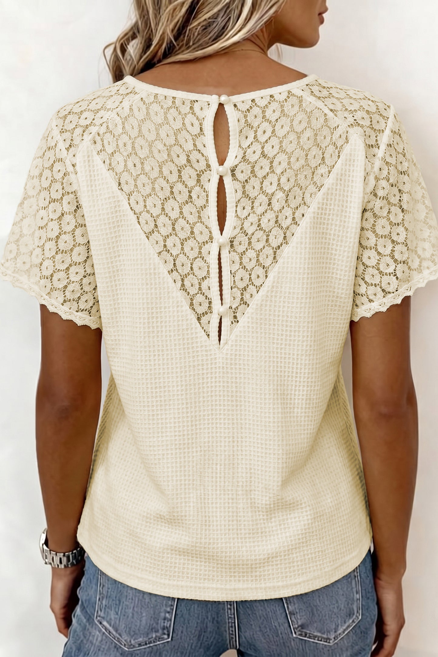 Pink Lace Splicing Button Cutout V Neck Waffle Knit Blouse  Shop One Place