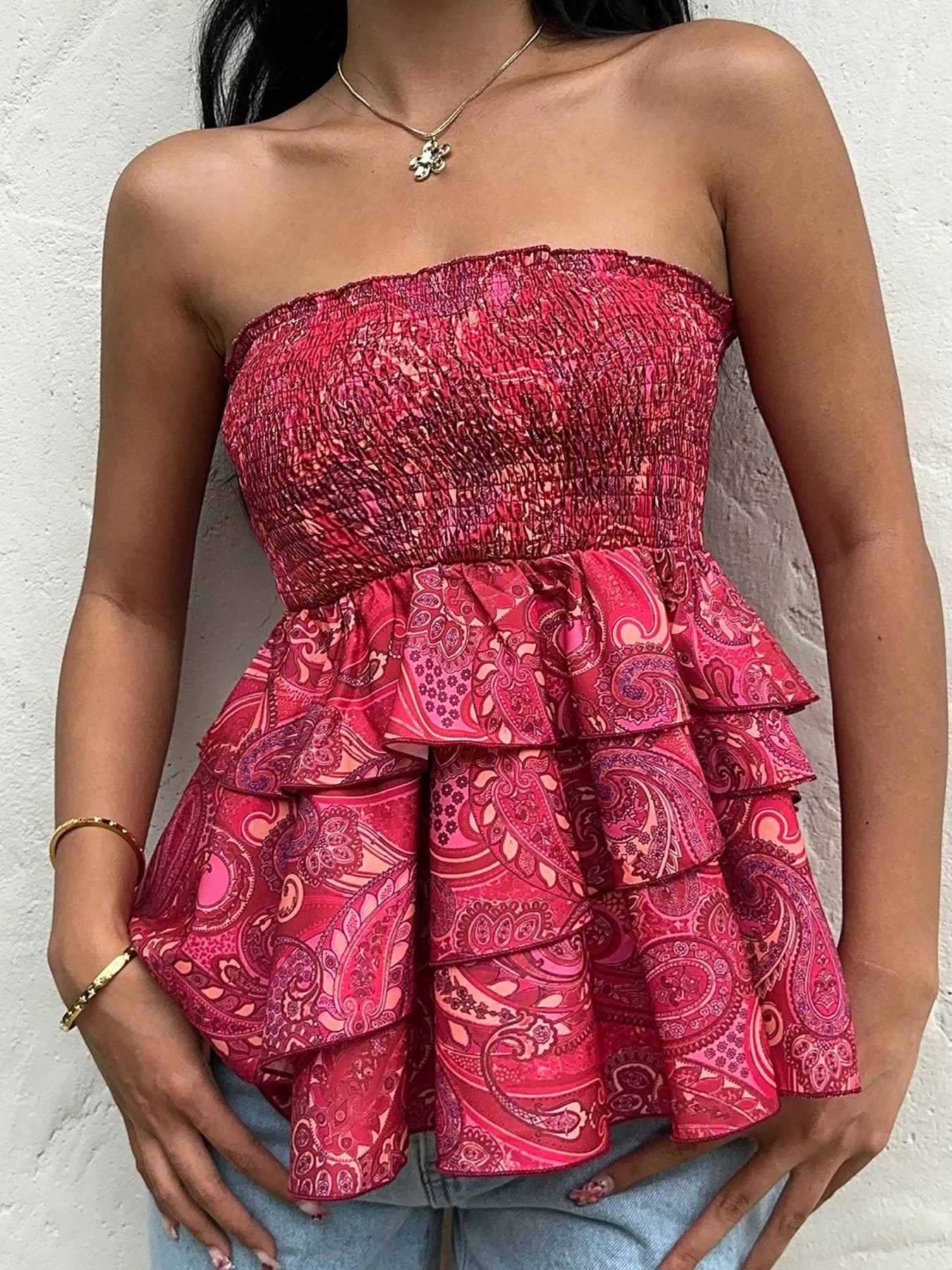 Smocked Layered Paisley Print Tube Top  Shop One Place