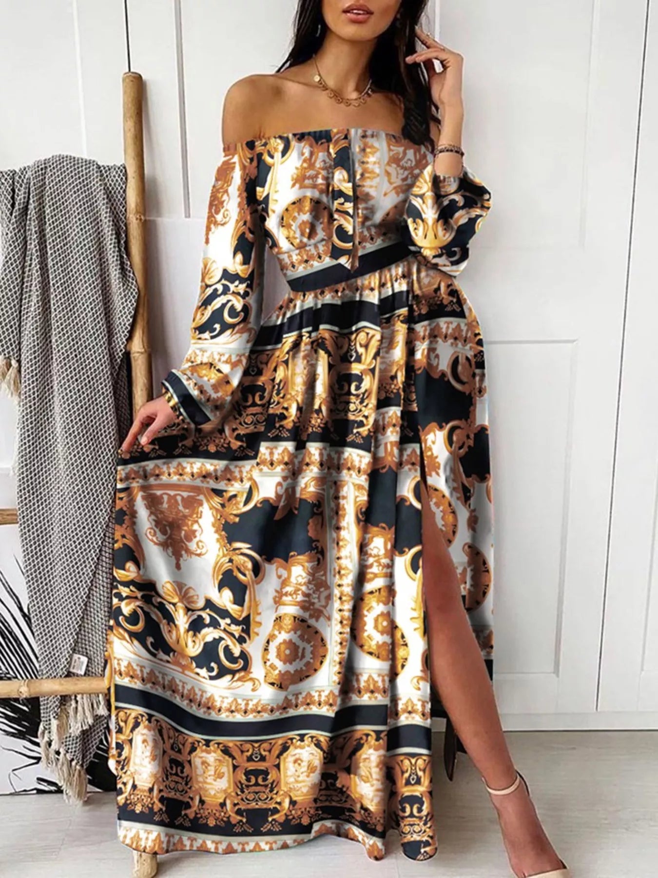Slit Printed Off Shoulder Maxi Dress  Shop One Place