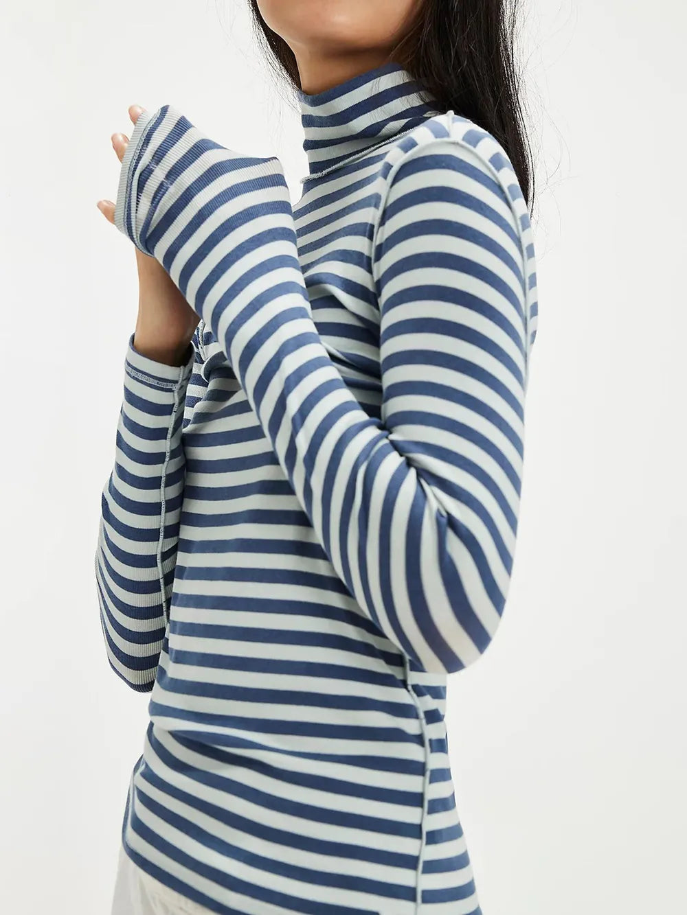 Exposed Seam Striped Turtleneck Long Sleeve T-Shirt  Shop One Place