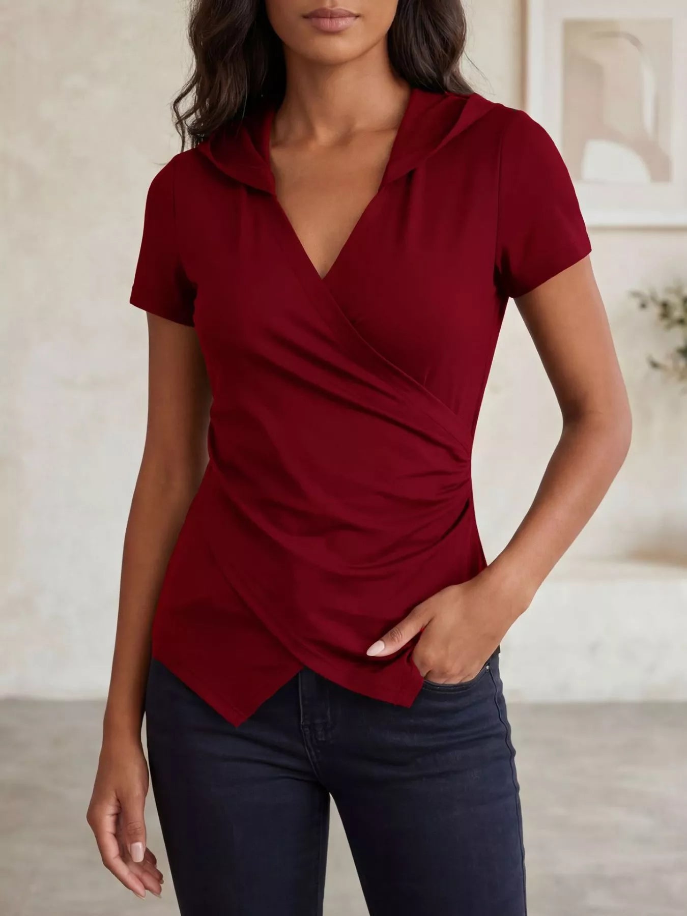 Hooded Wrap Front Slim Fit Top  Shop One Place
