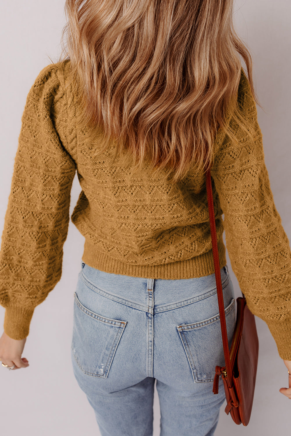 Jurassic Gold Hollow Out Crochet Ribbed Edge Balloon Sleeve Sweater  Shop One Place