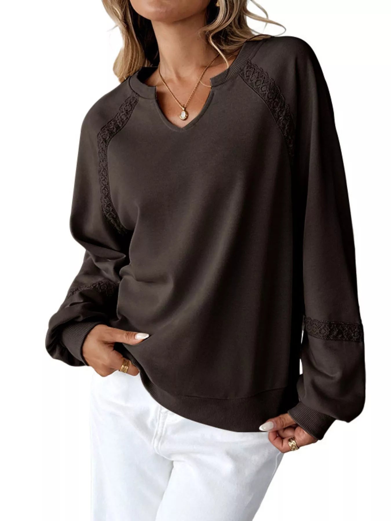 Notched Raglan Sleeve Sweatshirt  Shop One Place