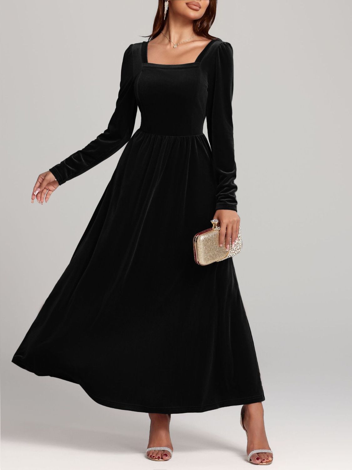 Velvet Square Neck Long Sleeve Dress  Shop One Place