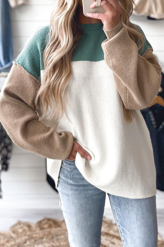 Green Colorblock Ribbed Knit Baggy Sweater  Shop One Place