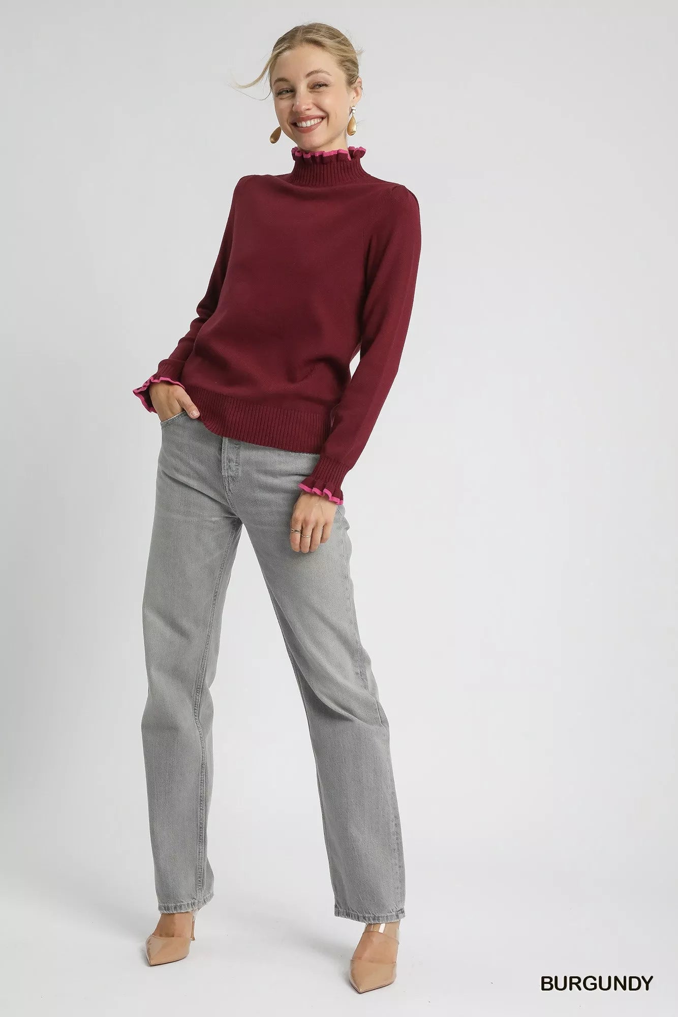 Umgee Ribbed Round Neck Sweater with Ruffle Contrast Trim  Shop One Place