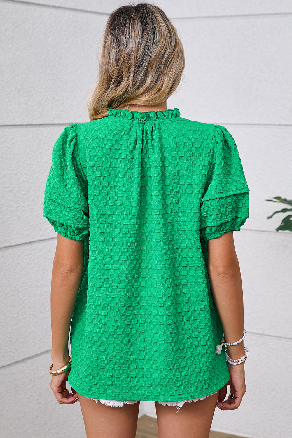 Bright Green Textured Puff Short Sleeve Notched V Neck Top  Shop One Place