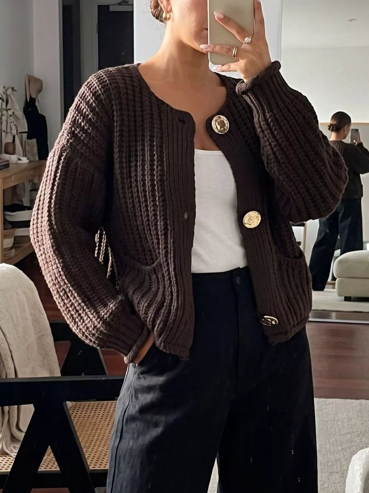 Ribbed Knit Cardigan with Gold-Tone Buttons  Shop One Place