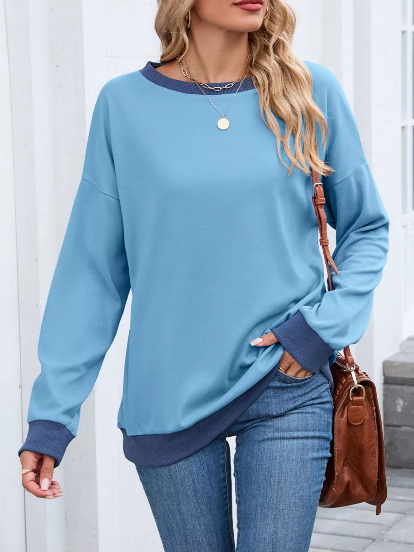 Contrast Trim Long Sleeve Sweatshirt  Shop One Place