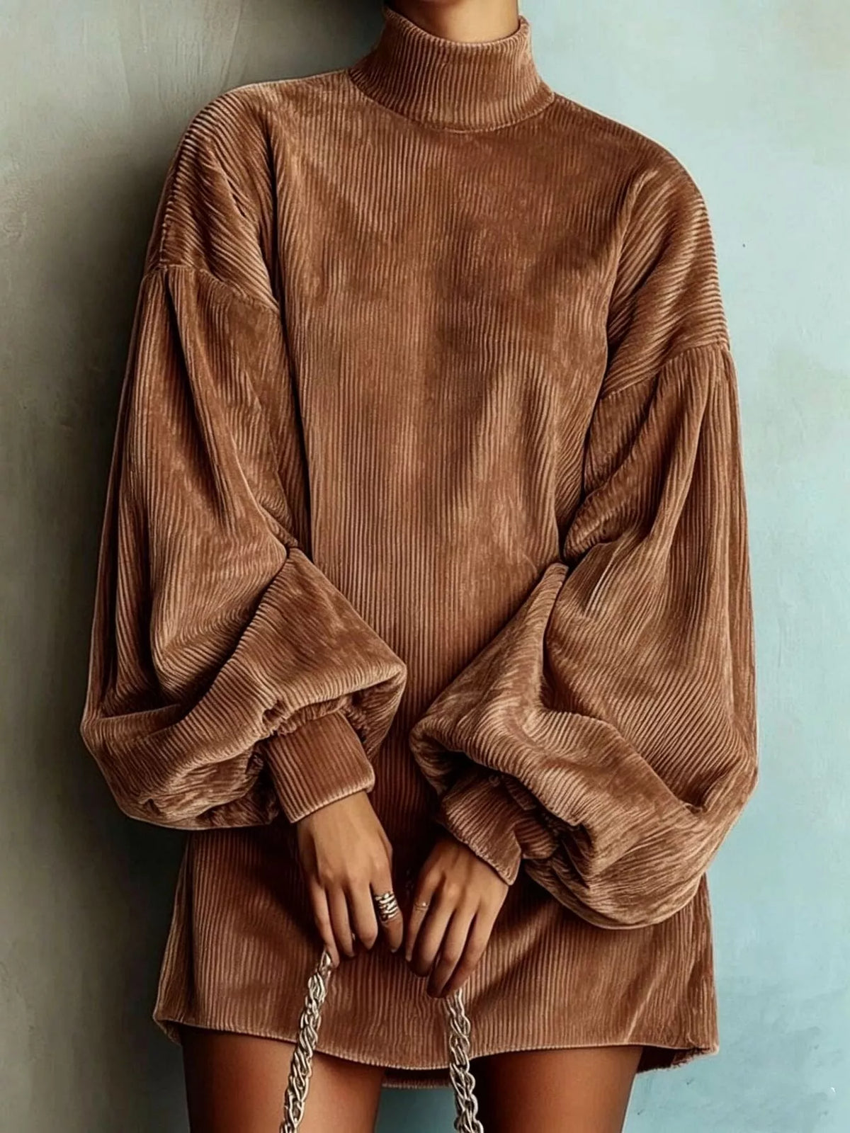 Full Size Corduroy Mock Neck Lantern Sleeve Mini Dress Plus Size  Shop One Place