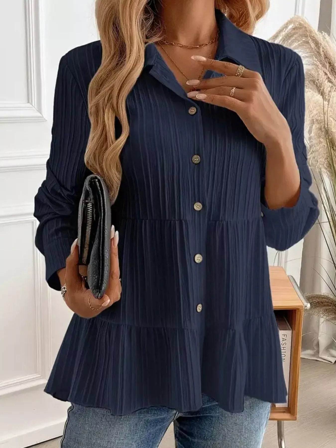 Button-Down Long Sleeve Tiered Shirt  Shop One Place