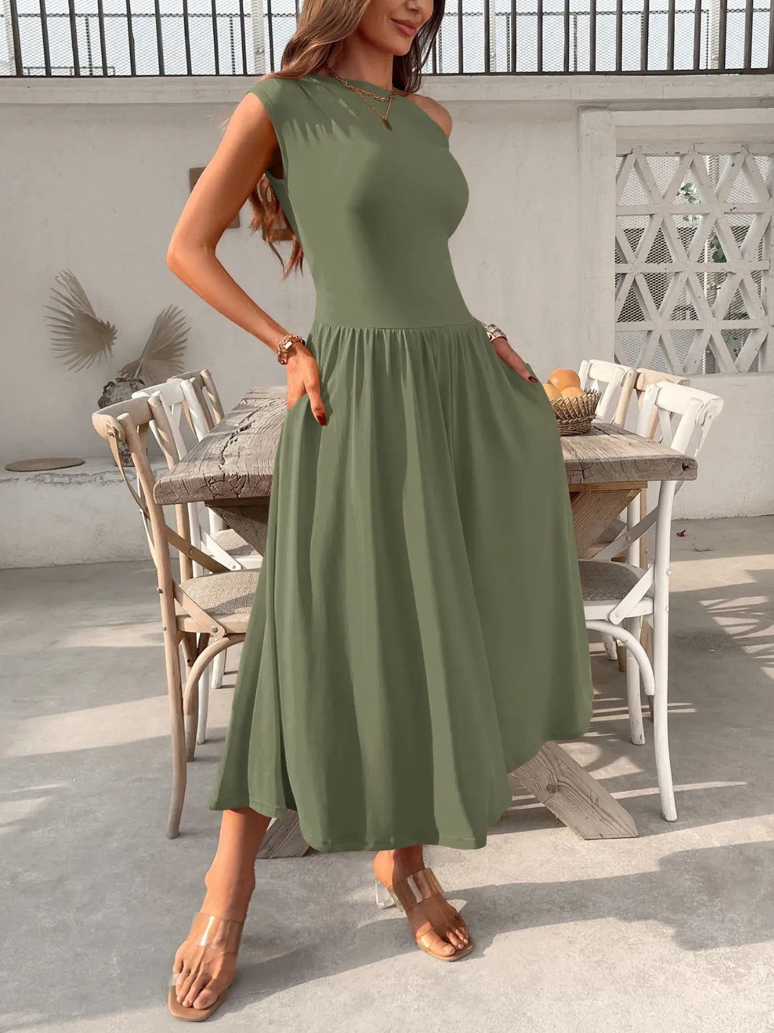Single Shoulder Midi Dress with Pockets  Shop One Place