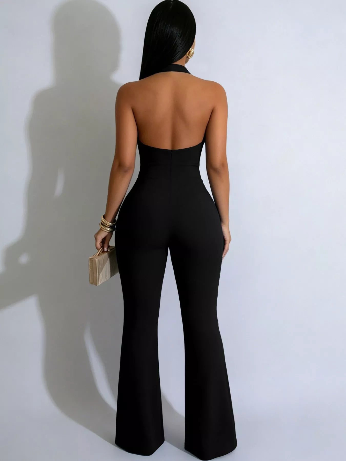 Halter Neck Cut-Out Flare Jumpsuit with Button Detail  Shop One Place