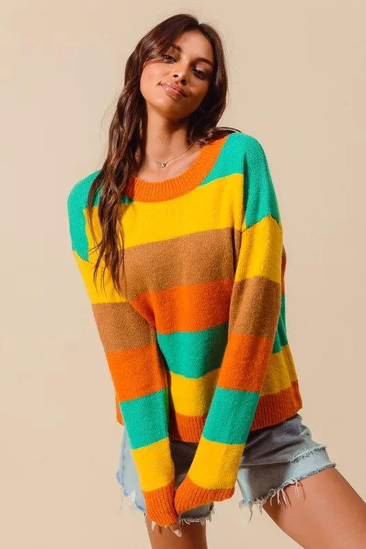 SO ME Multi Color Stripe Sweater with Ribbed Detail  Shop One Place
