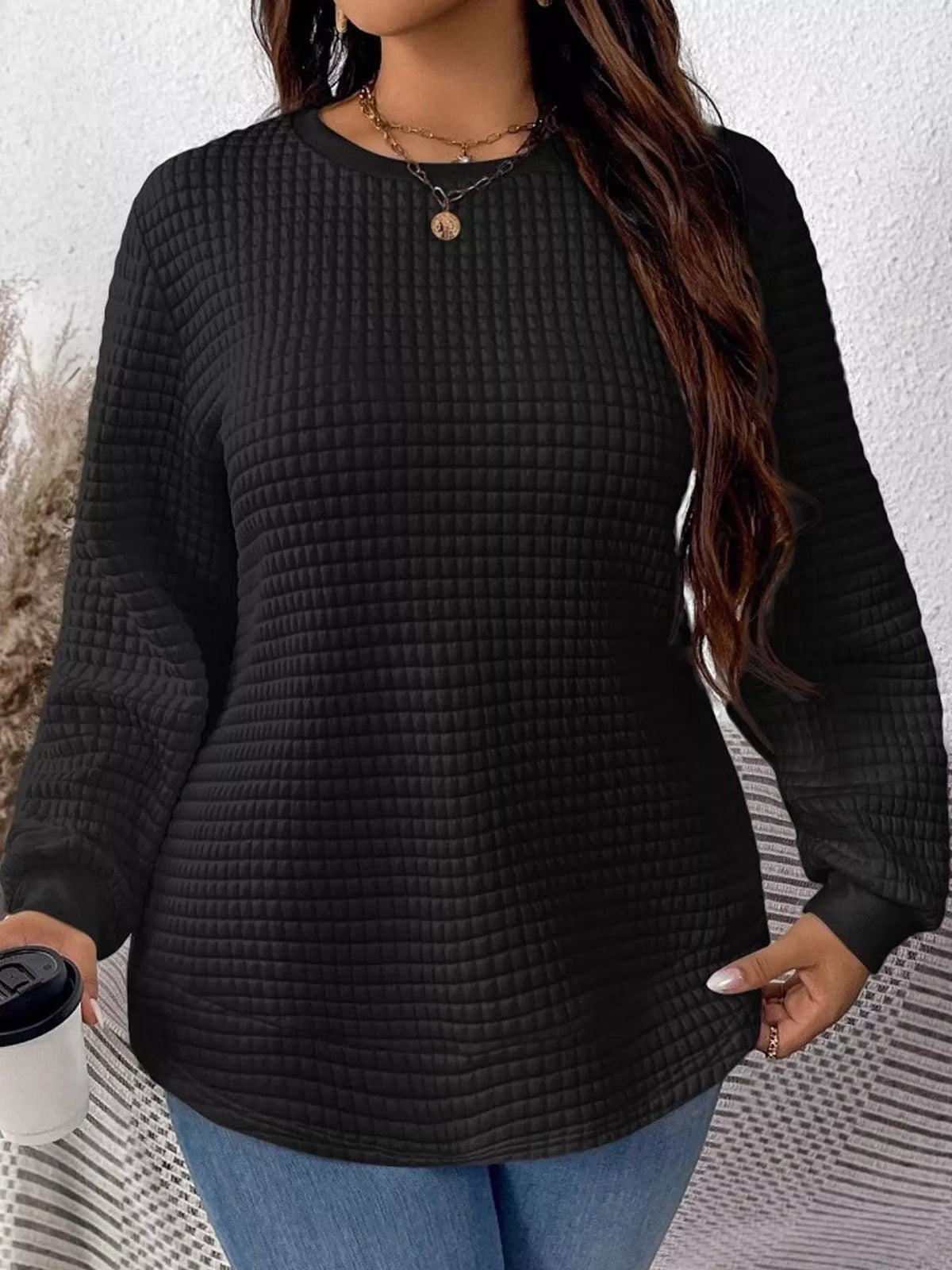 Women's Plus Size Waffle Knit Crew Neck Sweatshirt – view 8