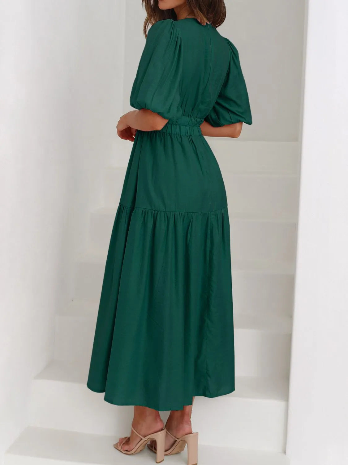 V-Neck Puff Sleeve Midi Dress  Shop One Place