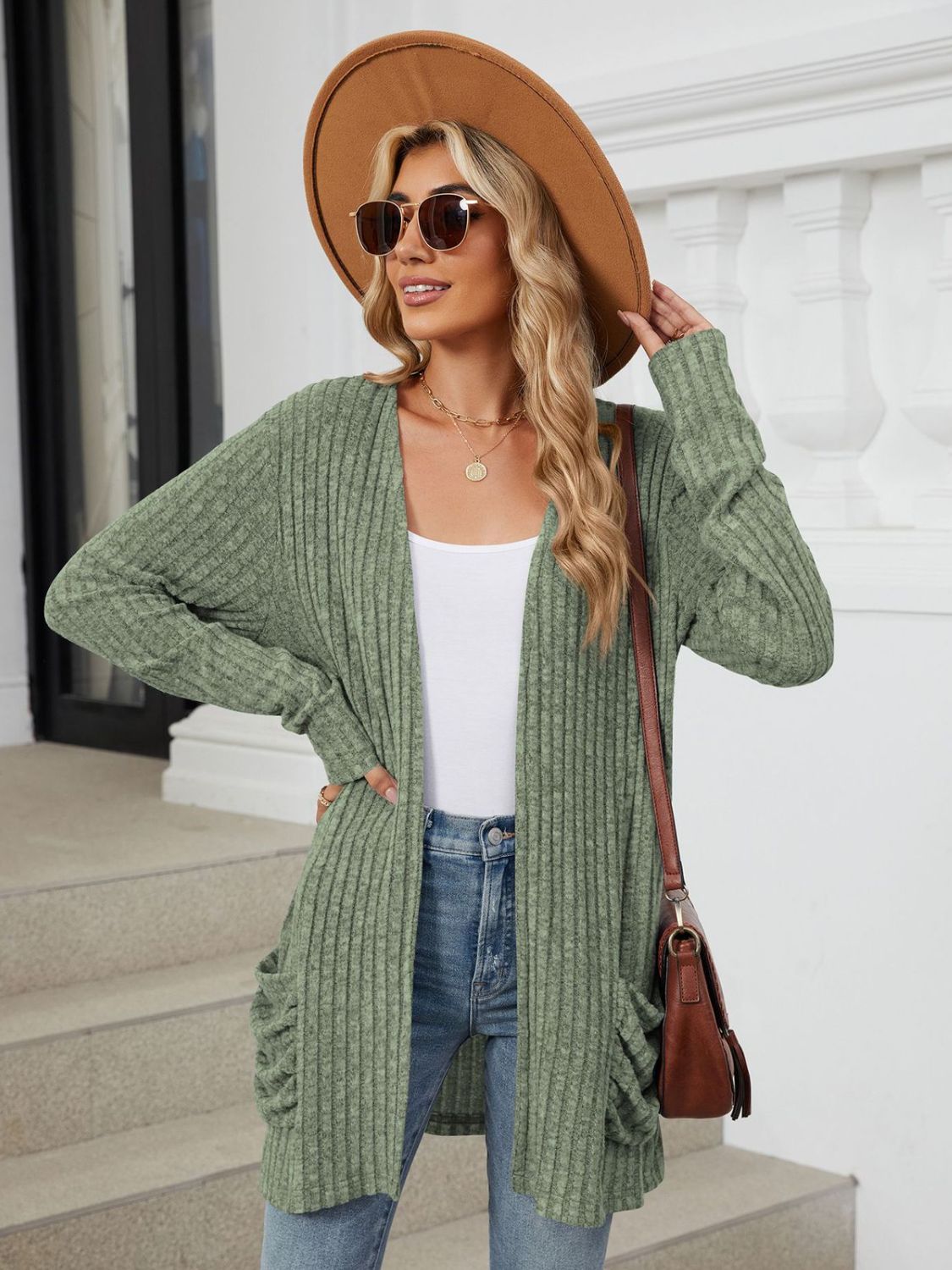Pocketed Open Front Long Sleeve Cardigan  Shop One Place