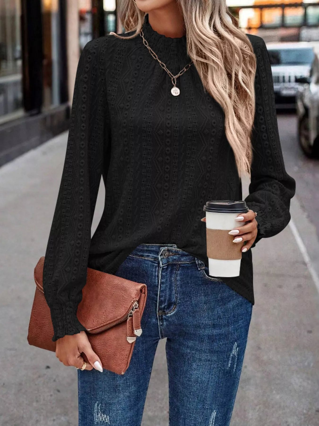 Texture Mock Neck Long Sleeve Blouse  Shop One Place