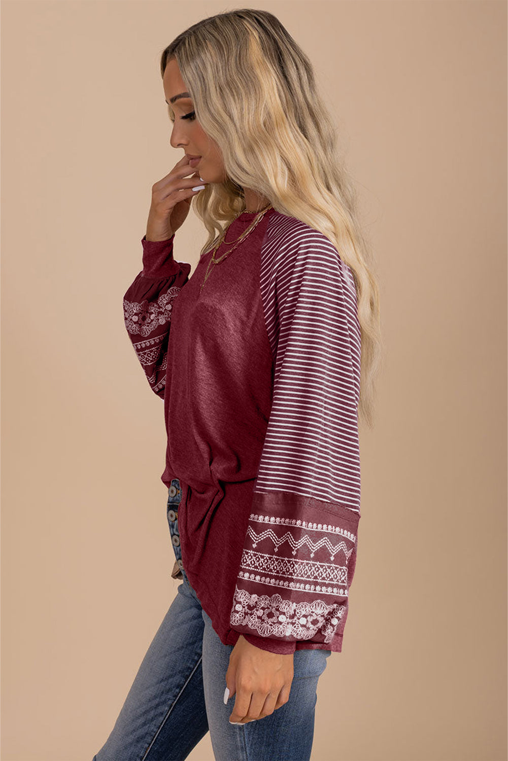 Contrast Print Striped Raglan Long Sleeve Loose Top  Shop One Place