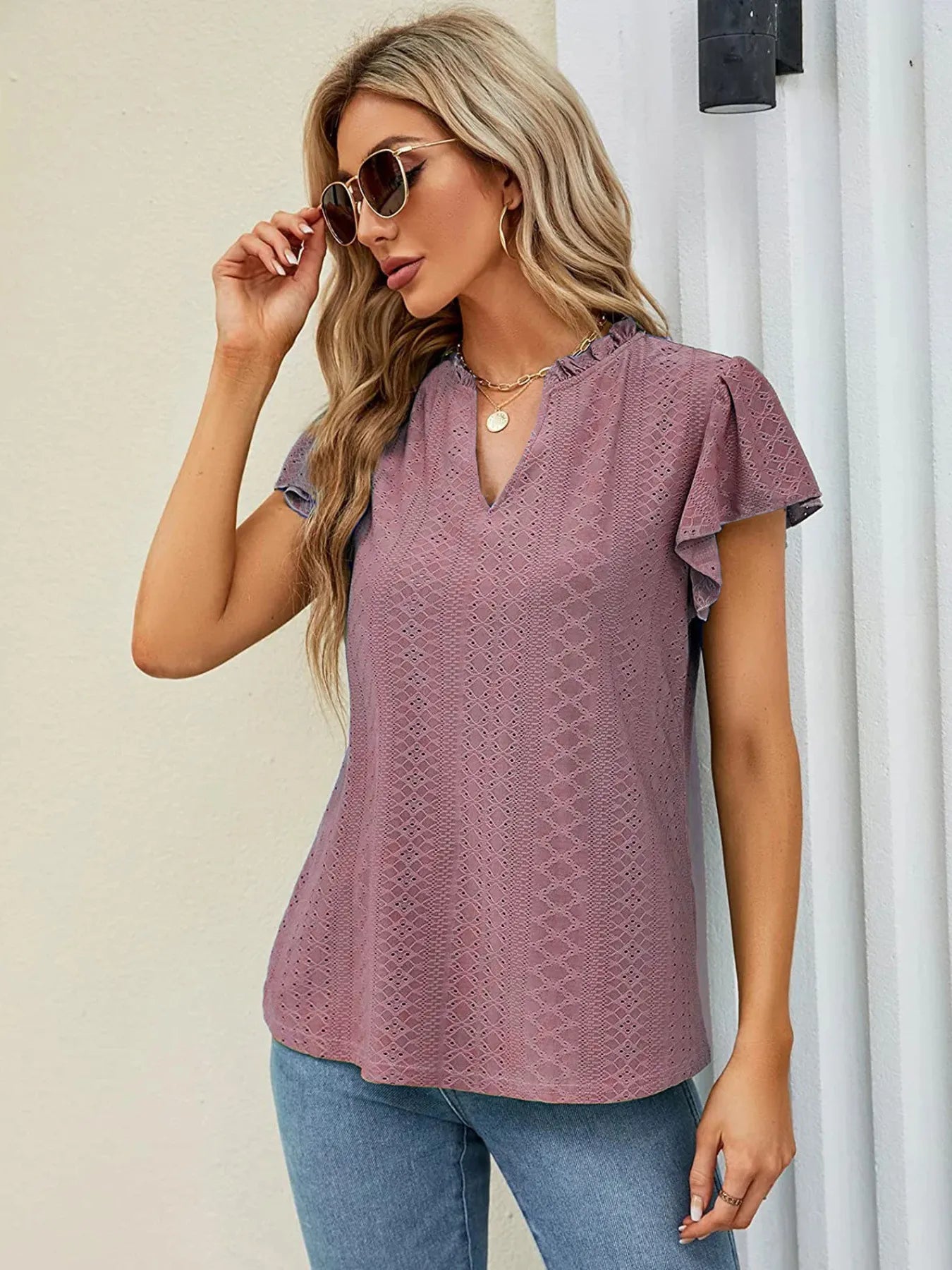 Women's Eyelet Notched Neck Short Sleeve T-Shirt – Lightweight Casual Summer Top | Shop One Place  Shop One Place