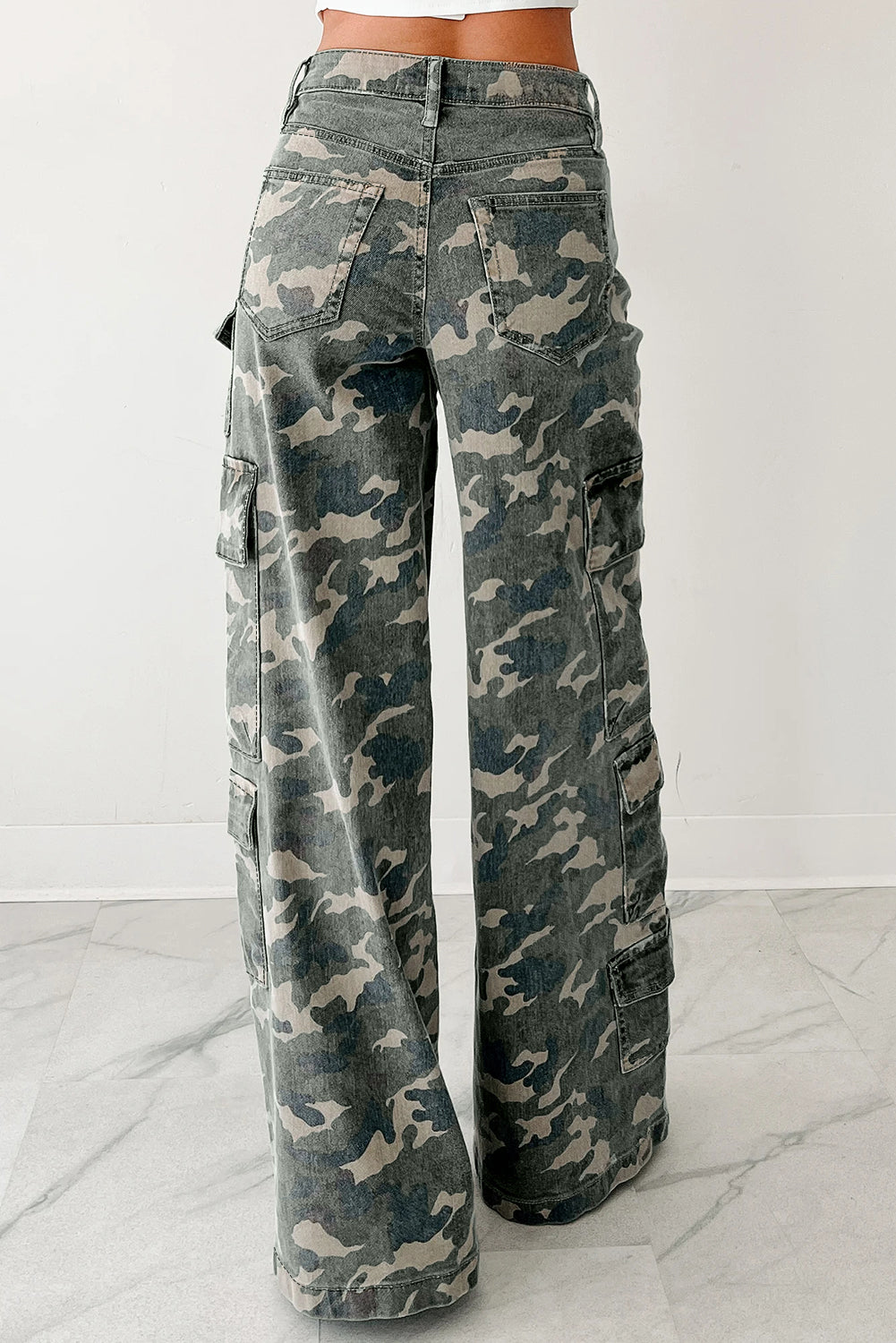Green Camo Multi Pocket Cargo Wide Leg Jeans  Shop One Place