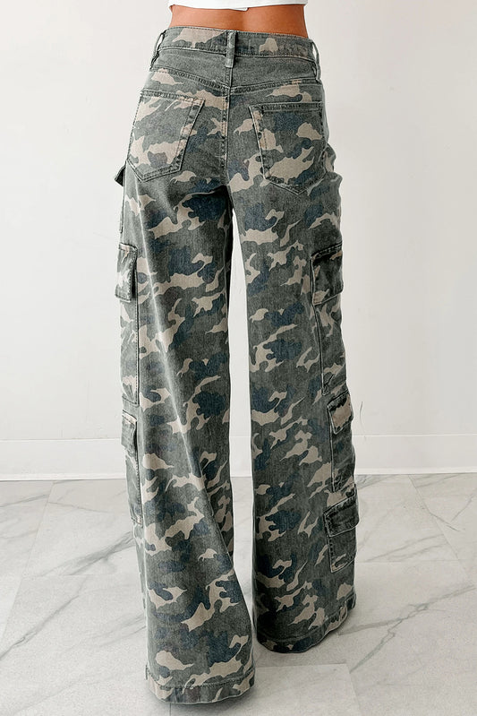 Green Camo Multi Pocket Cargo Wide Leg Jeans  Shop One Place