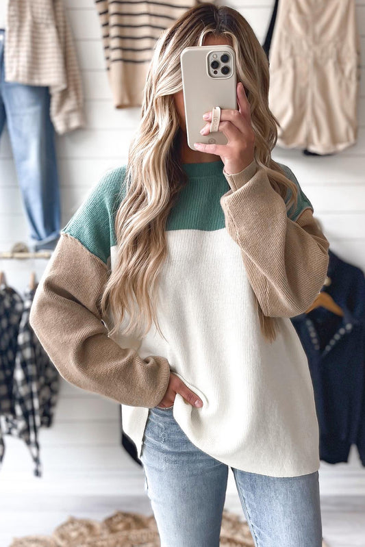 Green Colorblock Ribbed Knit Baggy Sweater  Shop One Place