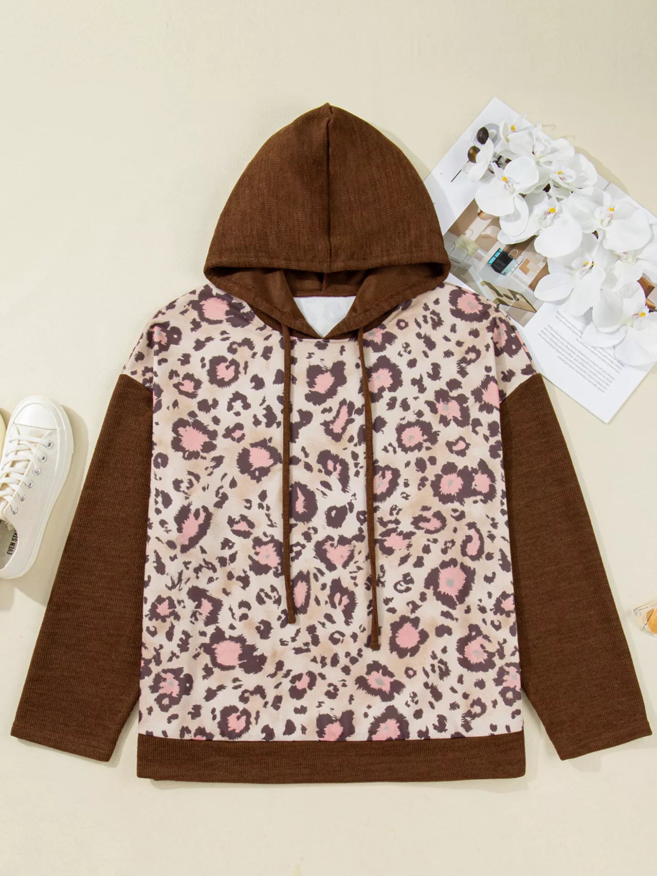 Plus Size Leopard Long Sleeve Drawstring Hoodie  Shop One Place
