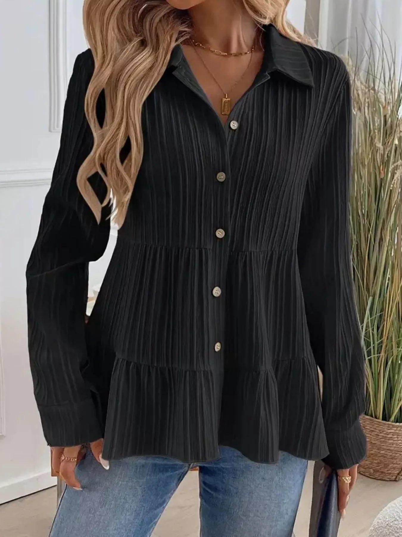 Button-Down Long Sleeve Tiered Shirt  Shop One Place