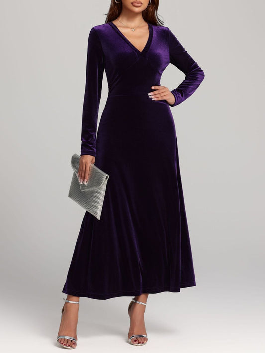 V-Neck Long Sleeve Velvet Dress  Shop One Place