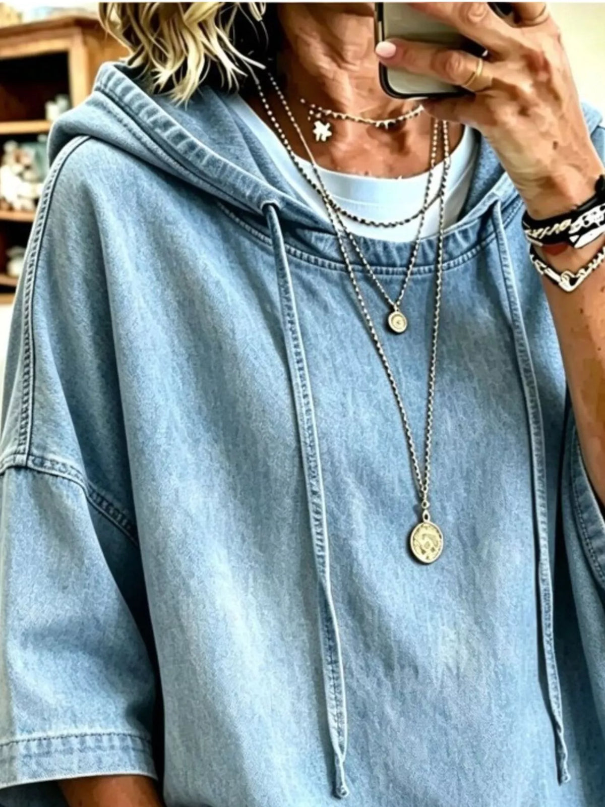 Full Size Oversized Washed Denim Hoodie Top Plus Size  Shop One Place