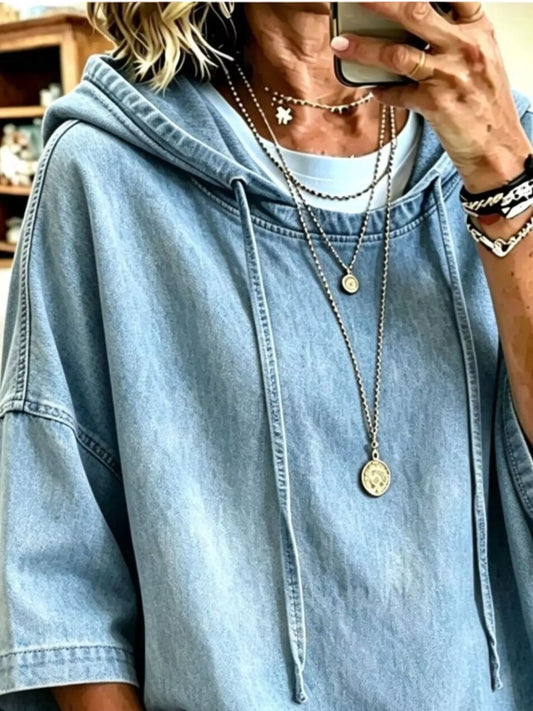 Oversized Washed Denim Hoodie Top Plus Size in Light Blue or Navy