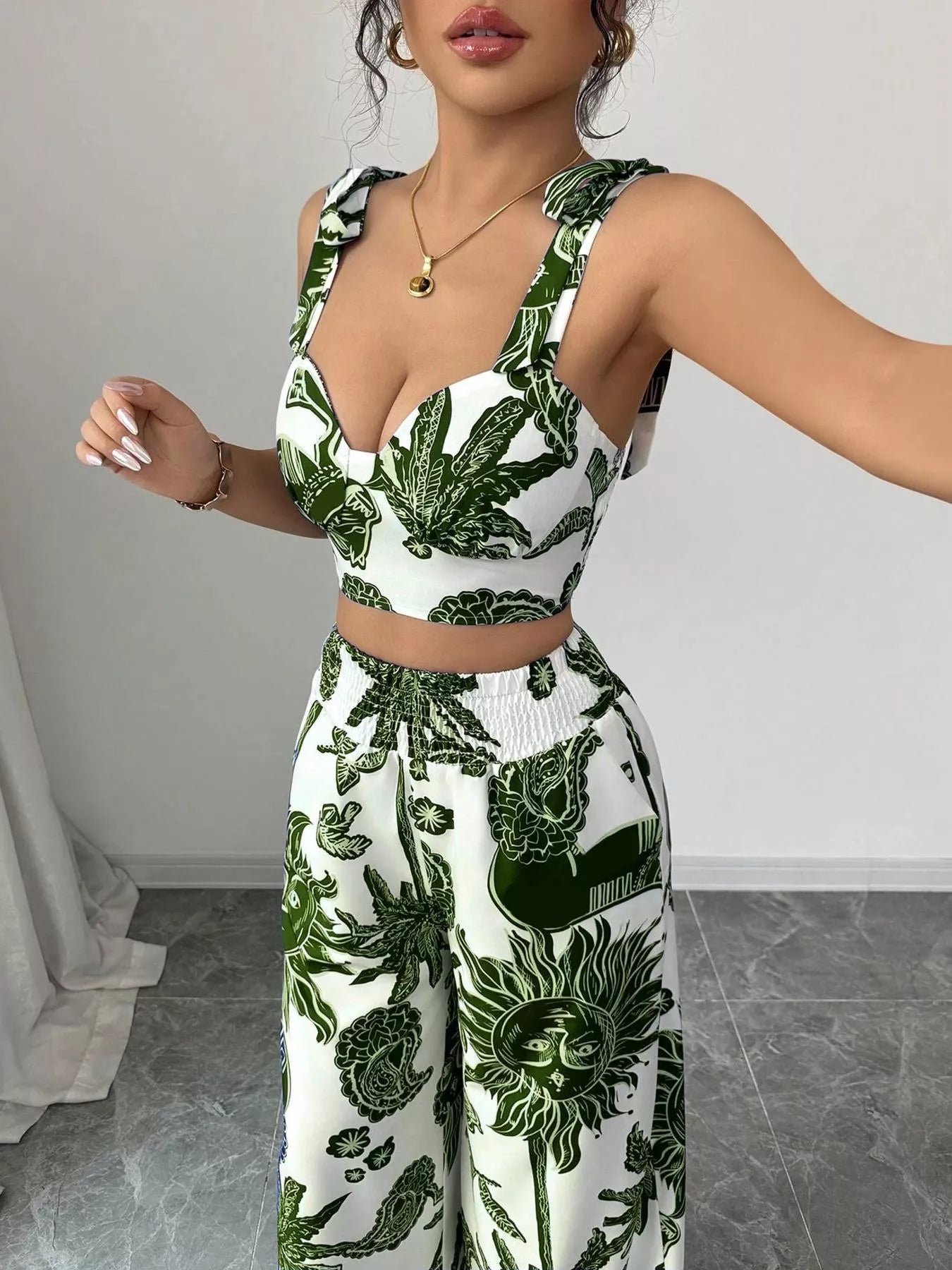 Floral Print Smocked Crop Top & Wide-Leg Pants Set – Women’s Two-Piece Outfit  Shop One Place